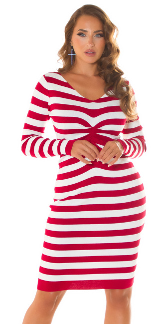 Knit Dress ruched with stripes Red